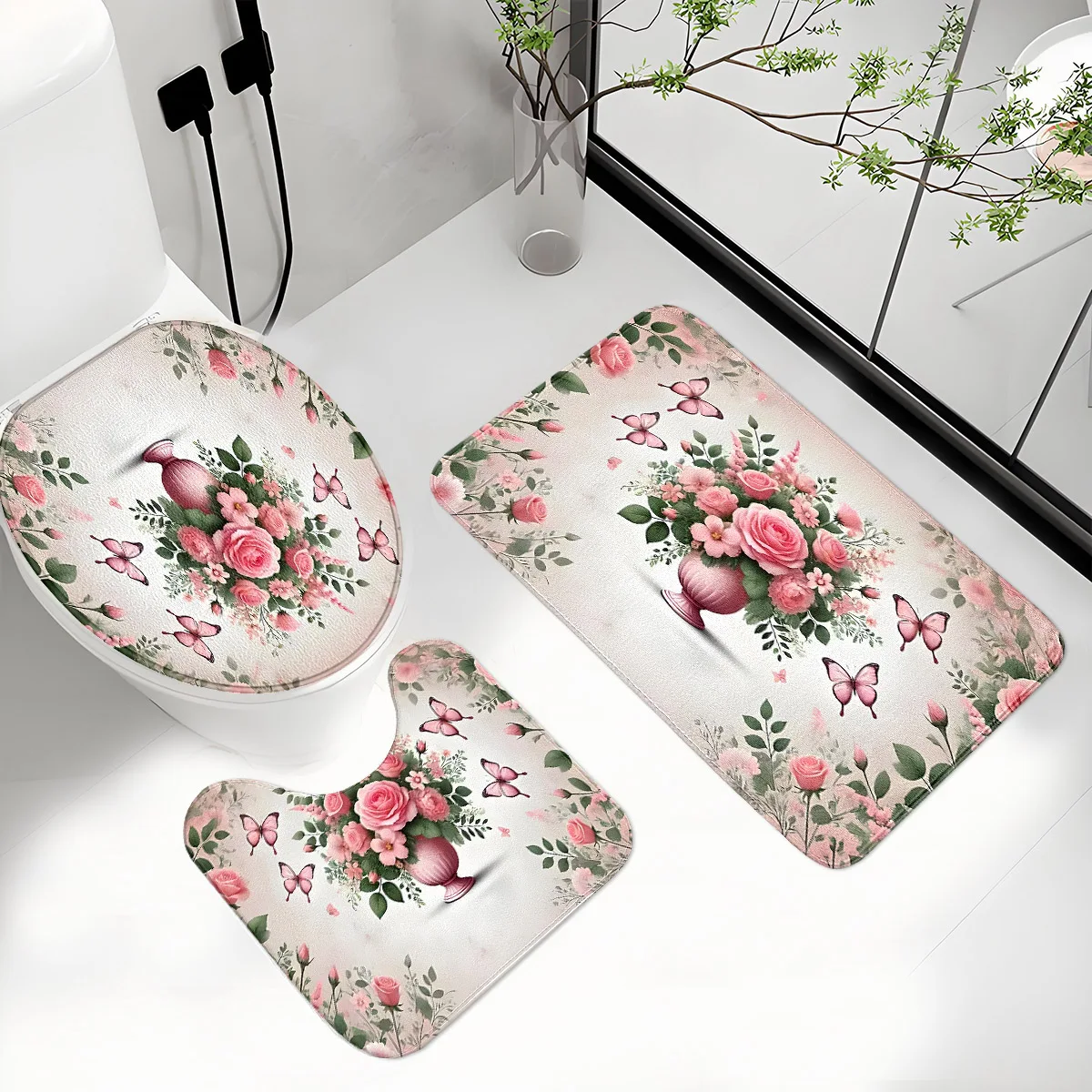 Pink Rose Butterfly Bathroom Three-Piece Set of Non-Slip Mats, Water-Absorbent and Quick-Drying Foot Mats, Romantic Pastoral Style Bathroom Decorative Floor Mats