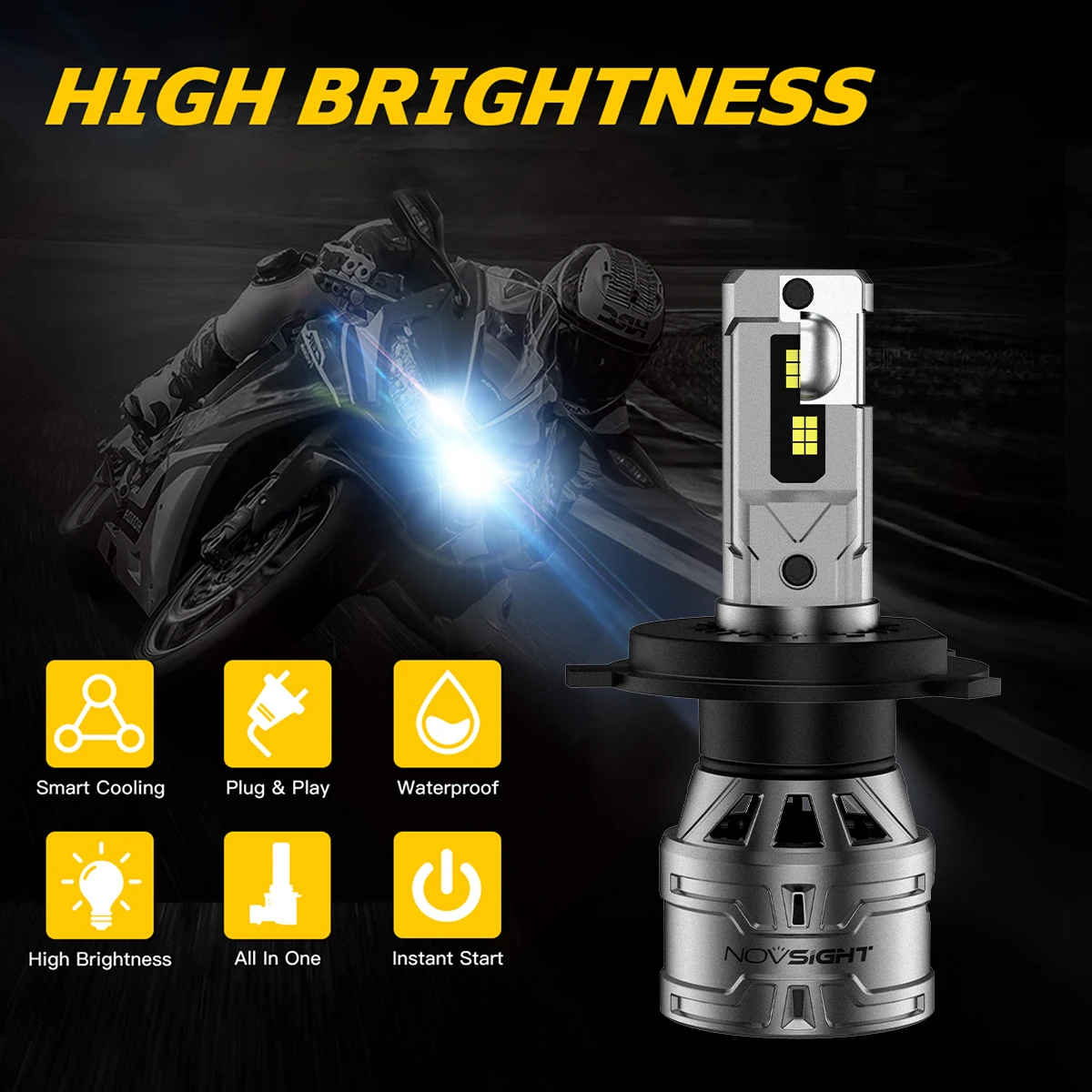 NOVSIGHT 1PC 35W Motorcycle LED Headlight H4 Lamp Fog Lights COB Led Bulbs Front Light Headlamp Spotlight 6000K White Headlight