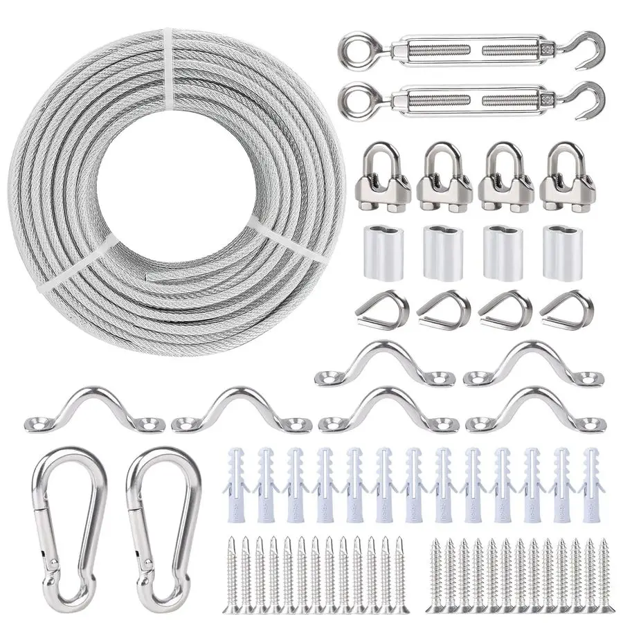

16 Wire Rope, 304 Stainless Steel Turnbuckle Wire Tensioner Kit, 100 Ft PVC Coated Steel Cable w 77 Strand Core for Decking Stai