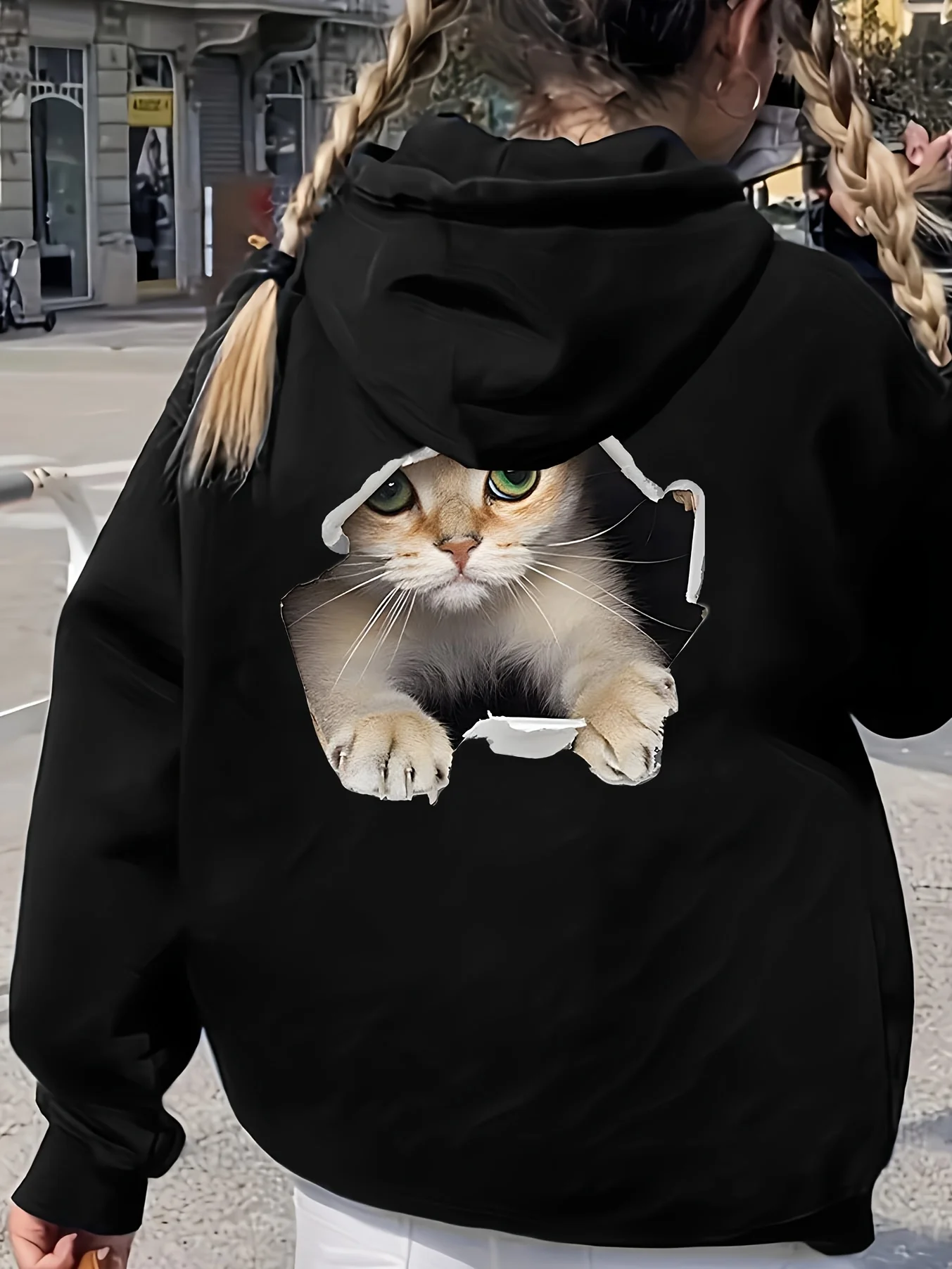 

Женская повседневная толстовка с капюшоном и милым кошачьим принтом, круглым вырезом и длинными рукавами для осеннего и зимнего тепла, обычный стиль.