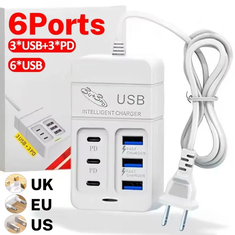 6Ports Multiport USB Charger 35W PD Type-C Mobile Phone Fast Charge Type C Wall Chargers Type C USB Hub Adapter EU US UK Plug