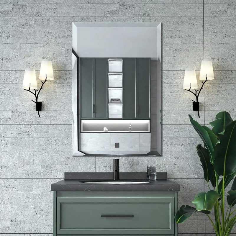 Espejos de baño con espejo biselado para espejo de baño rectangular sin marco de 24x36 con borde biselado que cuelga horizontalmente o verticalmente