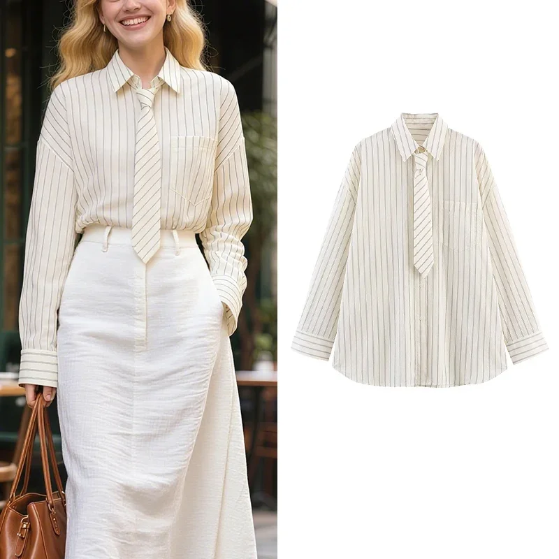 2025 nouveau automne femmes mode chemise rayé cravate bouton conception chemise ample 2025 femmes lieu de travail décontracté Adaptation chemise
