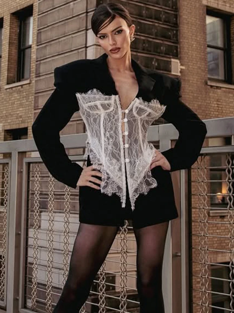 Trendix Fashion Blazer Renda Wanita 2025 Musim Dingin Kerah V Dalam Lengan Panjang Cardigan Jaket Pesta Klub Pinggang Tinggi Seksi Elegan Blazer