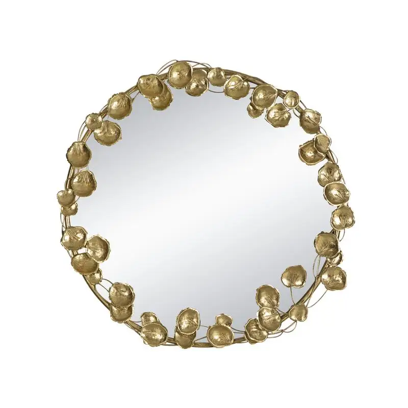 

35-Inch Round Metal Wall Mirror with Gold Leaf Accents, Modern Decor for Living Room Entryway Hallway, Stylish Home Accent