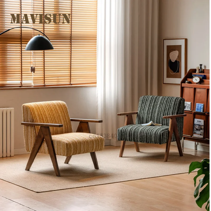 

Modern 77 CM Wooden Sofa Chair Living Room Furniture with Stylish Wooden Armrests Comfortable Striped Design Wooden Sofa Chair