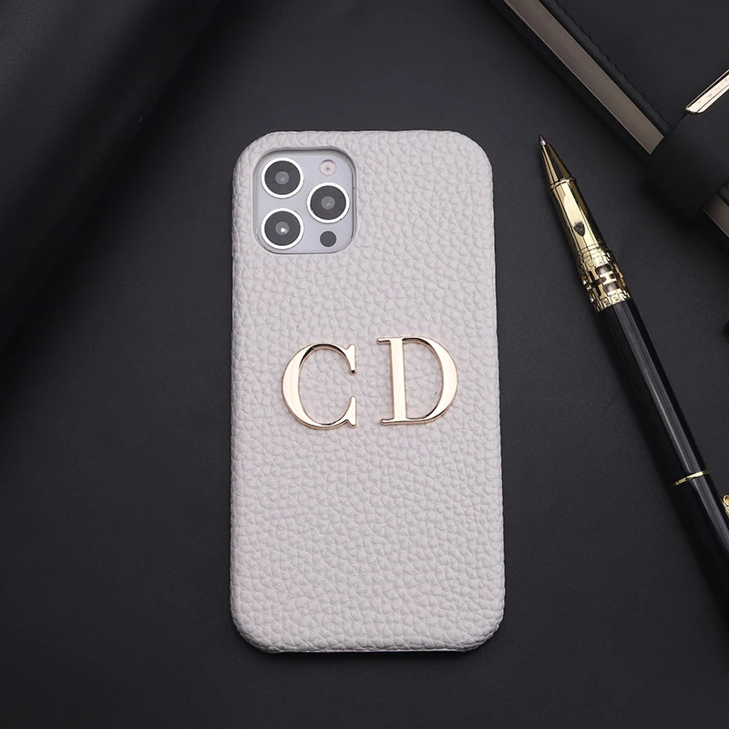 Leather Phone Case with Customized Name Big Gold Metal Letter Personalized Cover for iPhone15 14 13 12 11ProMax 16 15Plus
