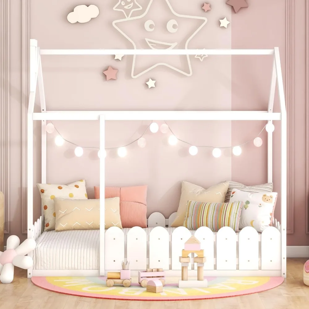 Floor Bed for Kids, Wood Montessori Floor Bed with Fence-Shaped Rails, House Bed for Girls, Boys