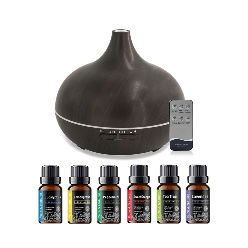 

550ml Wood Grain Essential Oil Diffuser with Remote Control, 7 Color LED Lights Ultrasonic Cool Mist Humidifier With 6 Oils