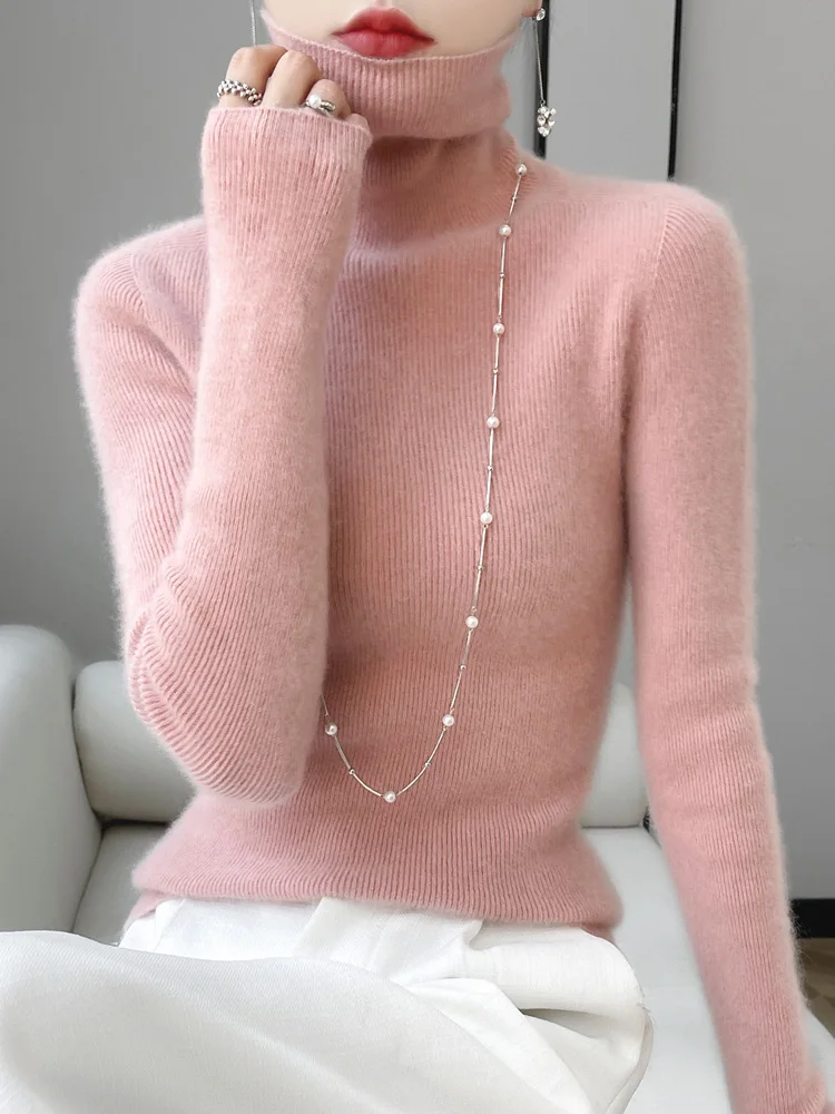 

Женский кашемировый пуловер с высоким воротником, облегающий свитер, вязаная одежда из 100% мериносовой шерсти, однотонная Базовая Повседневная осенне-зимняя изящная одежда, топы