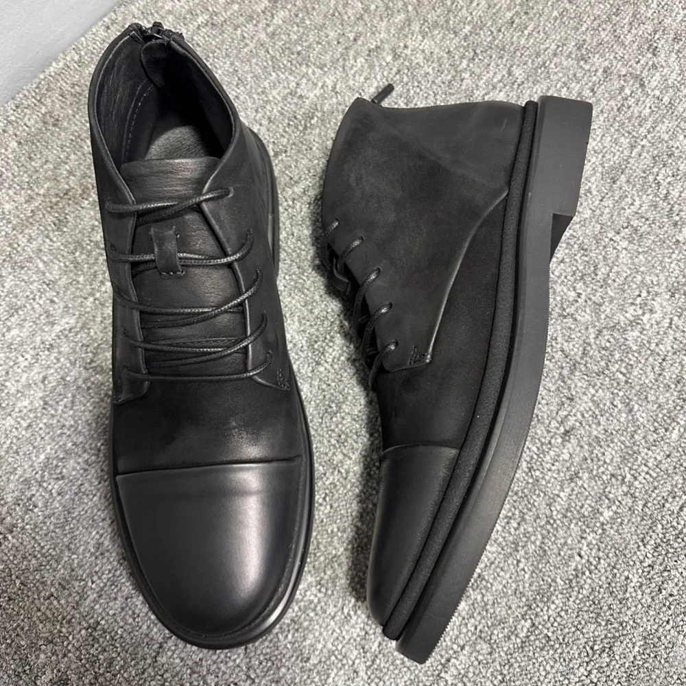 QHCCID High-top men's genuine leather Korean-style retro handmade matte Cow leather soft-soled anti-slip high-top leather shoes - Image 2