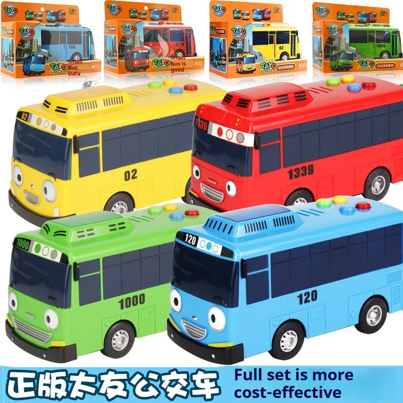 Tayo the Little Bus 만화 장난감 자동차, 어린이 풀백 및 마찰 자동차, 라이트 업 4 종 세트, 어린이 선물, 한국 정품, 16cm