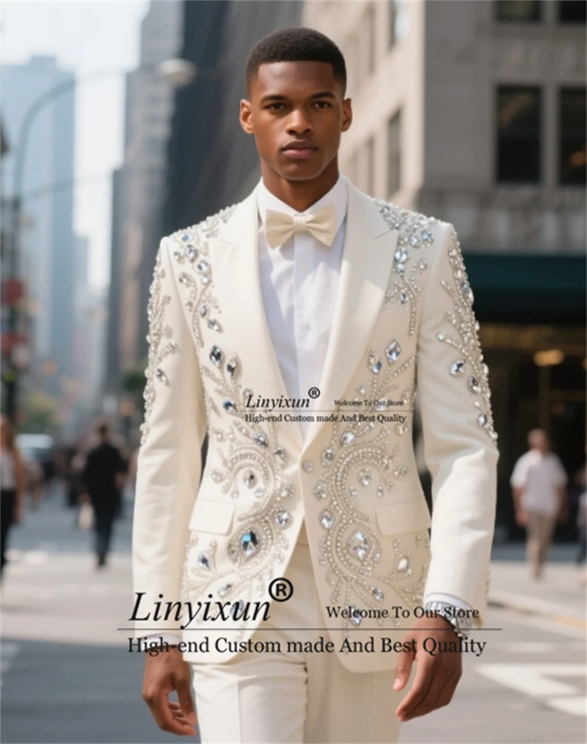 

Sparkly Jewelry Crystals Men Suit Peak Lapel Groom Male Prom Blazers High End 2 Pieces Sets Wedding Party ropa hombre Customized