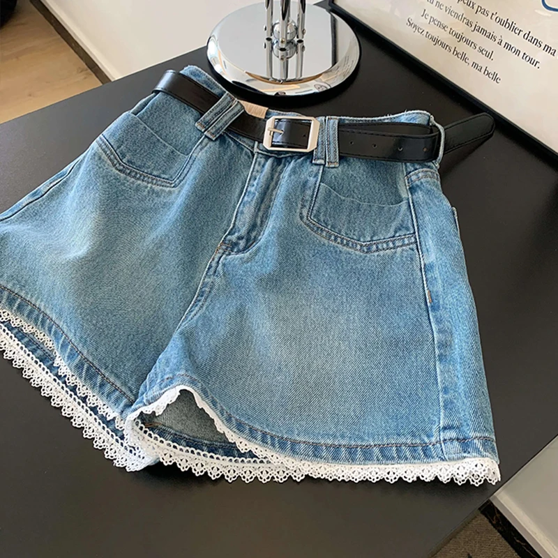 

Blue Lace Denim Shorts Summer High Waist Loose Wide Leg Women Short Pants Casual Female Jean Hot Pants