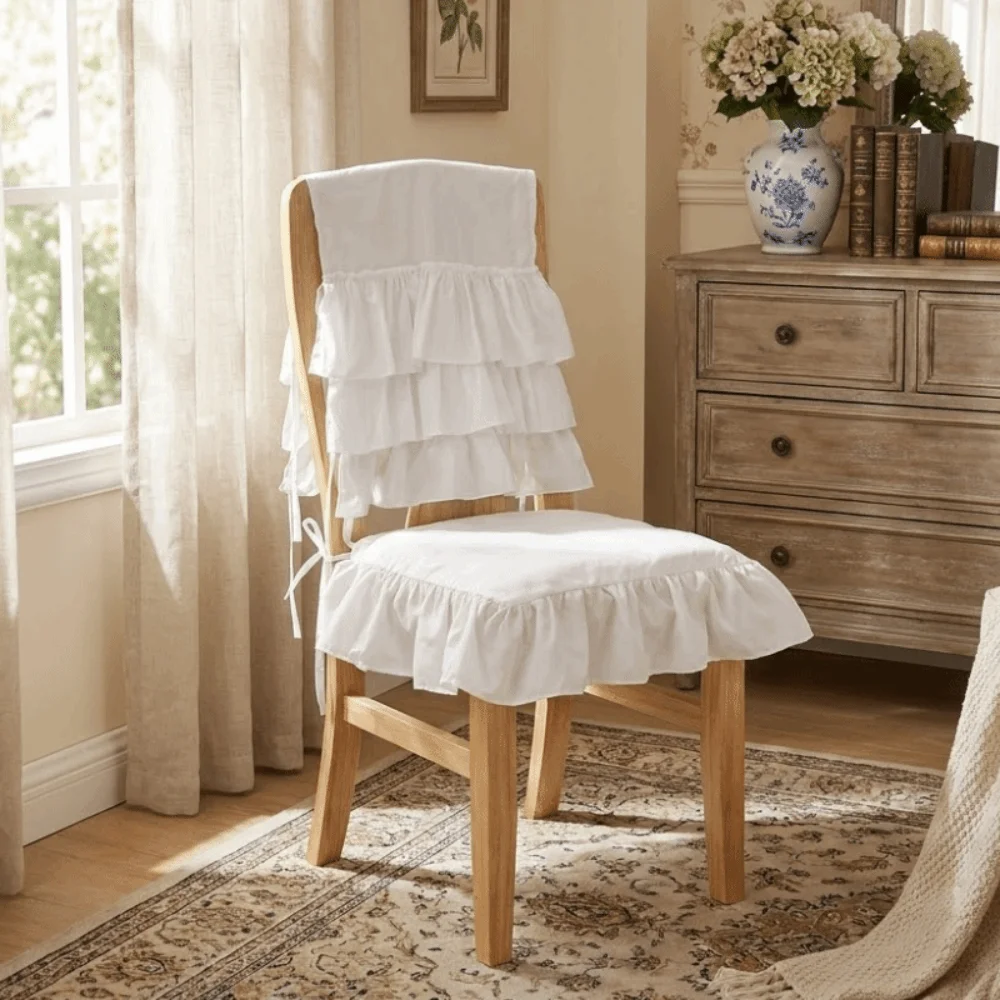 White French-Style Chair Cover Washable Decorative Chair Backrest Cover Strap Fixation Comfortable Ruffle Cushion Living Room