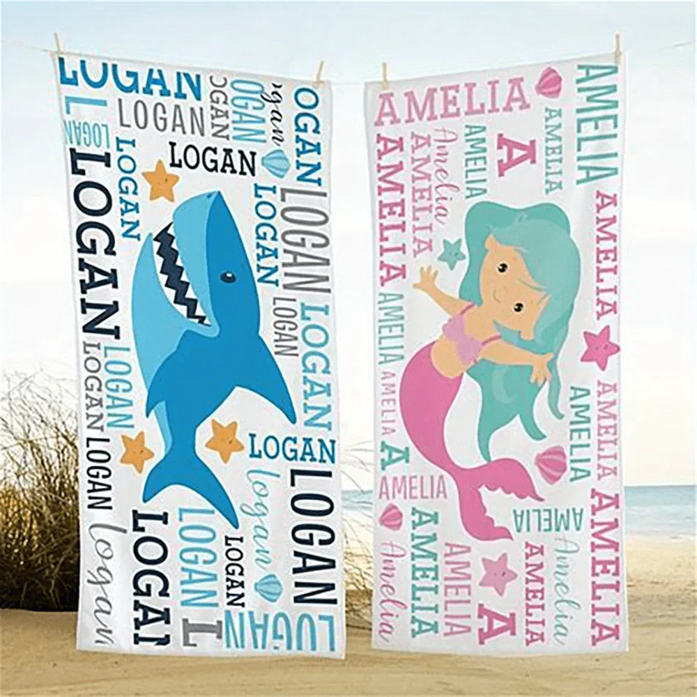 1pc Personalized Beach Towel, Customized Mermaid Shark Dinosaur Dolphin Patter Printed Beach Blanket,Quick-drying Bath Towel