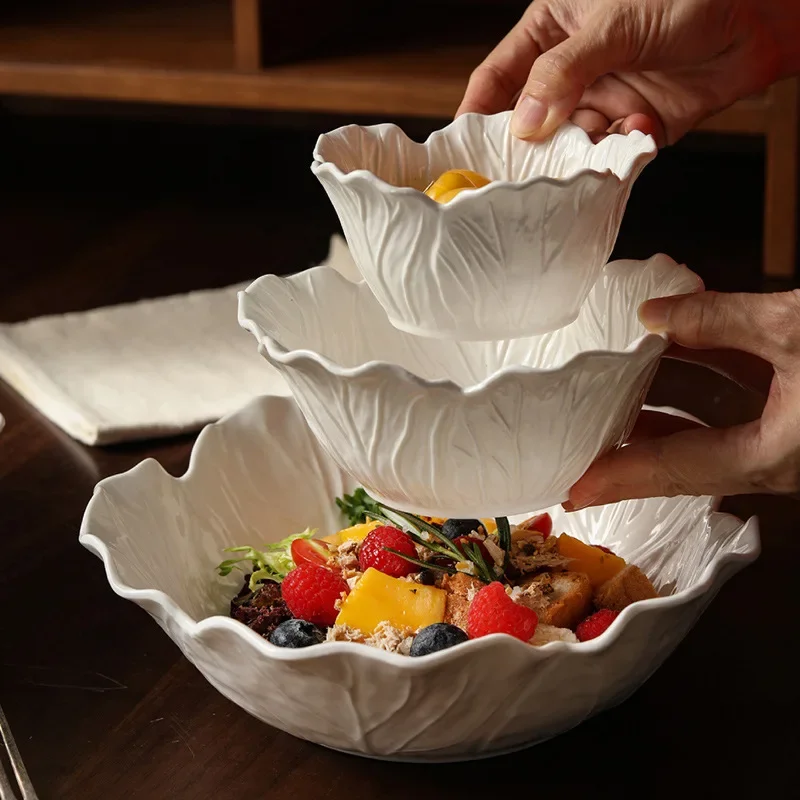 1PC Ceramic flower deep bowl, pure white creative cabbage relief tableware, fruit and vegetable salad bowl tableware