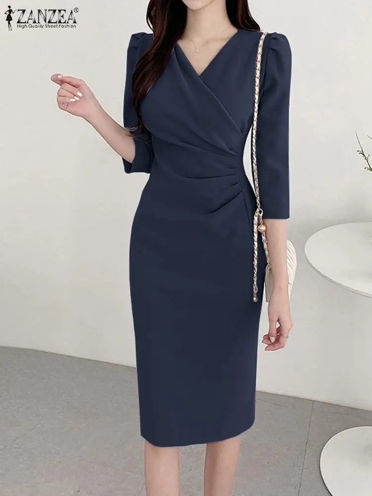ZANZEA Women’s Sexy V-Neck Bodycon Party Dress, Ruched Waist Knee Length Dress 3/4 Sleeve, Summer Elegant Office Work Robe Femme - Image 3