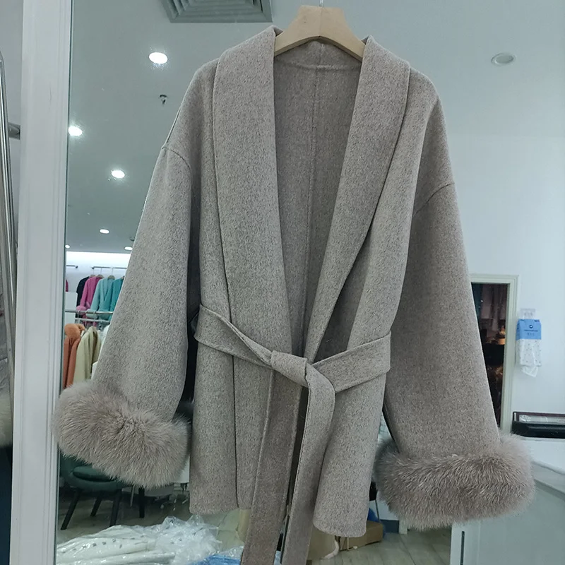 

2024 Women Loose Autumn Luxury Real Wool Coat With Real Fox Fur Cuff Plus Size Female Genuine Cashmere Jacket Outwear