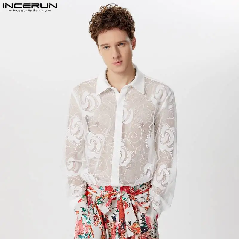 INCERUN Tops 2024 American Style Sexy Men Lace Floral Mesh Hollow See-through Shirt Male Clubwear Thin Long Sleeved Blouse S-5XL