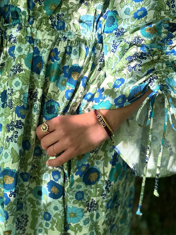 فستان سوزان القطني العضوي بطبعة زهور مع رباط خصر قصير باللون الأزرق لفصل الربيع والصيف، فستان نسائي بأسلوب أنيق على شكل خط A.