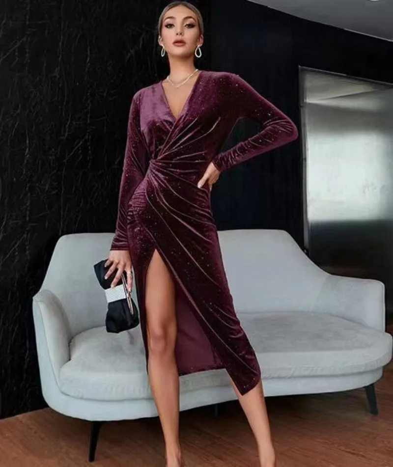 New evening dress sexy leg-exposed long-sleeved mid-length skirt gold velvet nightclub dress