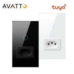 AVATTO WiFi/Zigbee Smart Wall Light Switch & Socket Brazil Standard 4X2 Glass Panel Light Switch,Work For Alexa Google Home