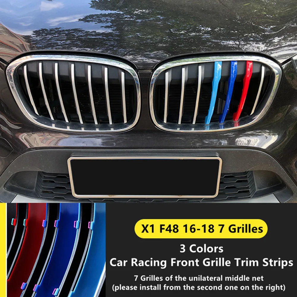 7/8 Grilles For BMW X1 F48 2016 2017 2018 Front Grille Trim Strips Grill Performance Sports Cover Sticker 3 Colors 3D M Styling