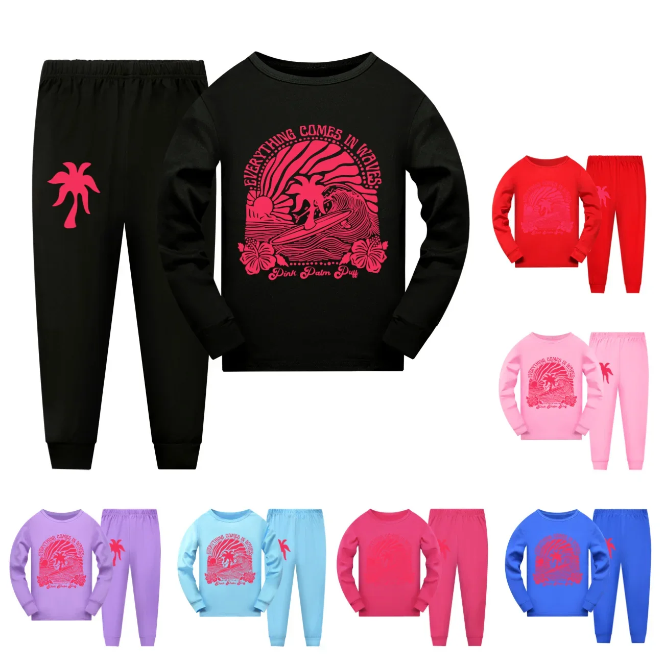 

Kids Newest Pink Palm Puff Clothes T-shirt Sweatpants 2pcs Set Baby Girls Long Sleeve Pajama Sets Boys Spring Sleepwear3768