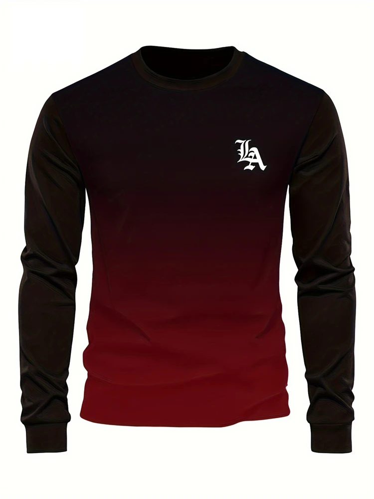 

2024 Spring And Autumn Men Fashion Long Sleeve Round Neck Gradient T Shirt Business Letter Printed Street Casual Long Sleeve Top