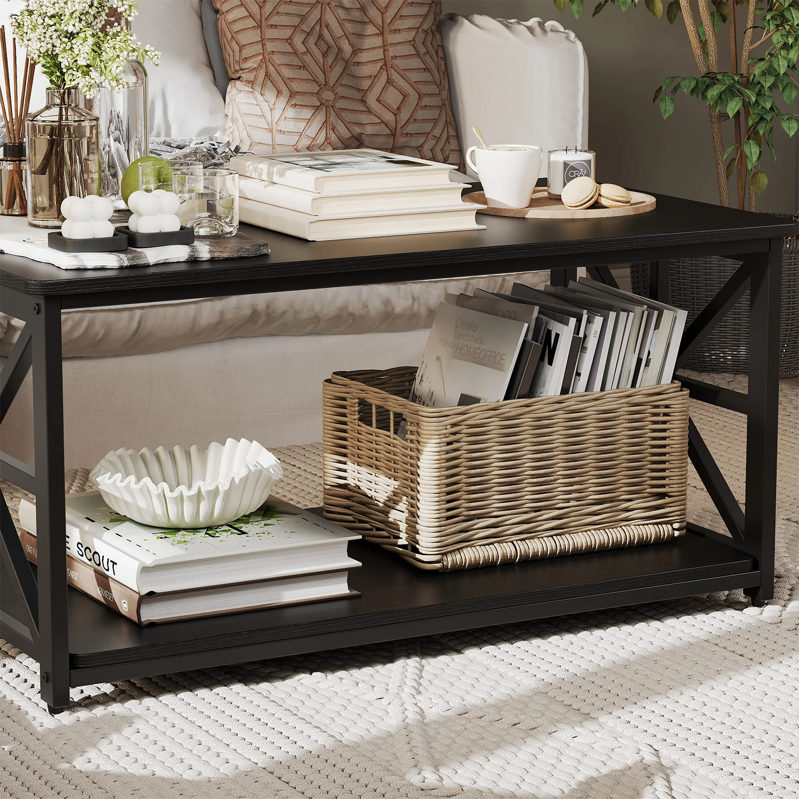 طاولات القهوة لغرفة المعيشة، طاولة مركزية على طراز المزرعة مع رف تخزين، إطار قوي على شكل X، أثاث منزلي سهل التجميع