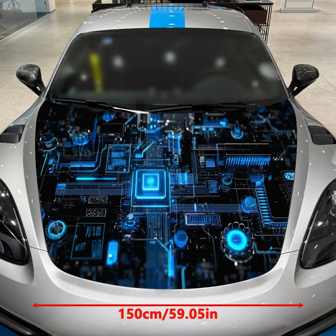 Blue Flame Cyber Circuit Matrix Car Vinyl Wrap, PVC Material Waterproof Car Hood Sticker, Self-Adhesive Scratch-Resistant Sticke