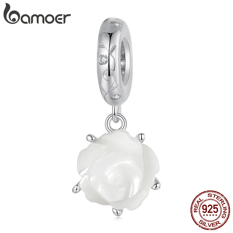 BAMOER 925 Sterling Silver White Rose Pendant fit Original Bracelet DIY Bamoer Flower Charm for Jewelry Making Christmas Gift