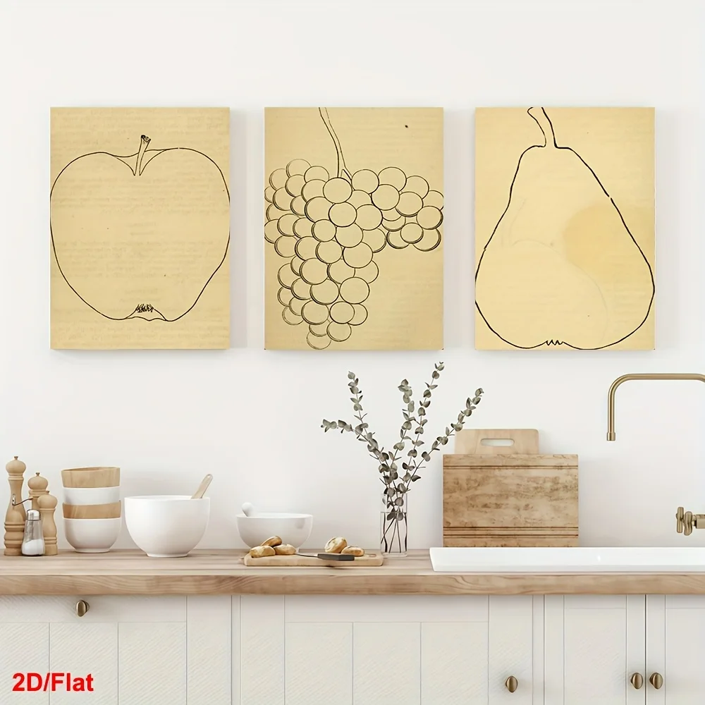 2D Flat, 2D Flat Decorative Painting, 3pcs Set of Frameless Canvas Art - Pear, Grape, and Apple Triptych Pattern - 3-Panel Pa