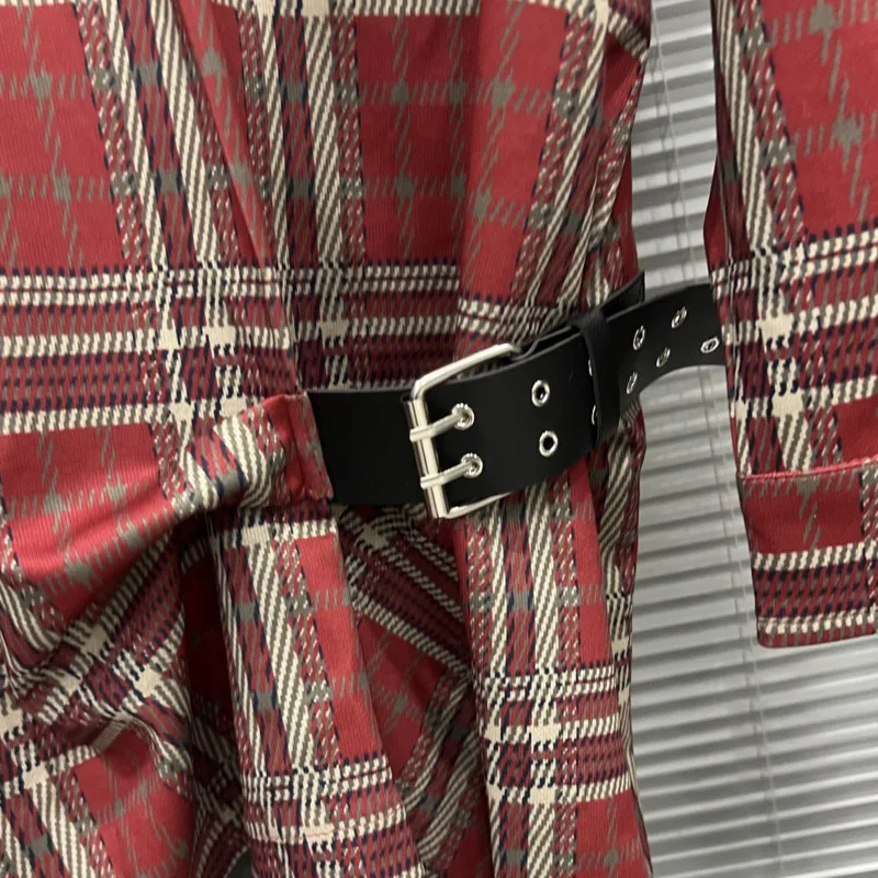 HKSH Spring Autumn New Women Shirt Dress Plaid Single Breasted Belt Waist Long Sleeves American Retro Chic Short Dresses HK16656