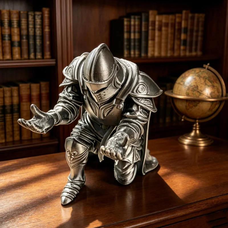 1/2 Piece Set of Silver Knight-Shaped Pen Holder Desktop Ornament, Creative and Novel Stationery Collectible, Suitable for Ballpoint Pens, Pencils, and Other Stationery, Silver Ancient Knight Pen Holder Ornament with 3D Kneeling Armor Design