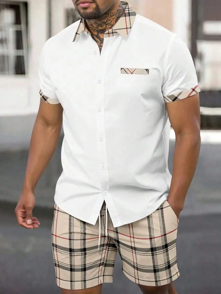 Manfinity Homme Men's Summer Plaid Splicing Short Sleeve Shirt And Shorts Casual 2-Piece Set Men Sho