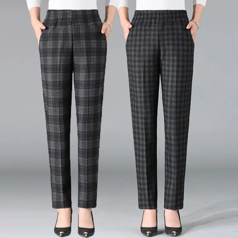 Korean Vintage Women Casual Plaid Pants Spring Autumn New Elastic High Waist Pockets Daily Versatile Fashion Straight Trousers