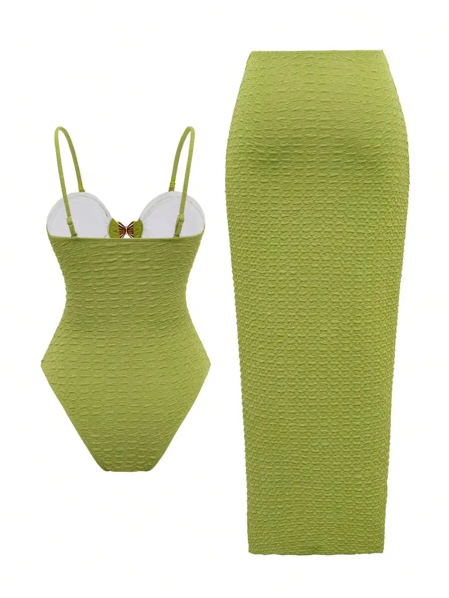 

Lime Green Textured Bandeau One-Piece Swimsuit With Gold Butterfly Clasp And Matching High-Waisted Pencil Skirt Two-Piece Set