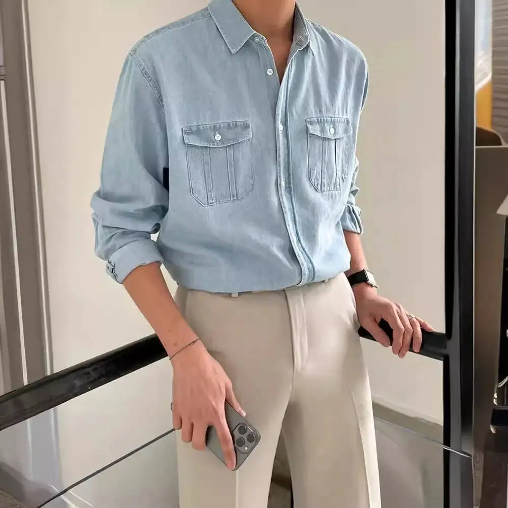 Men's Denim Shirt Retro Denim Long Sleeve Shirt High End Korean Style Trendy Loose Casual Versatile Blue Work Shirt