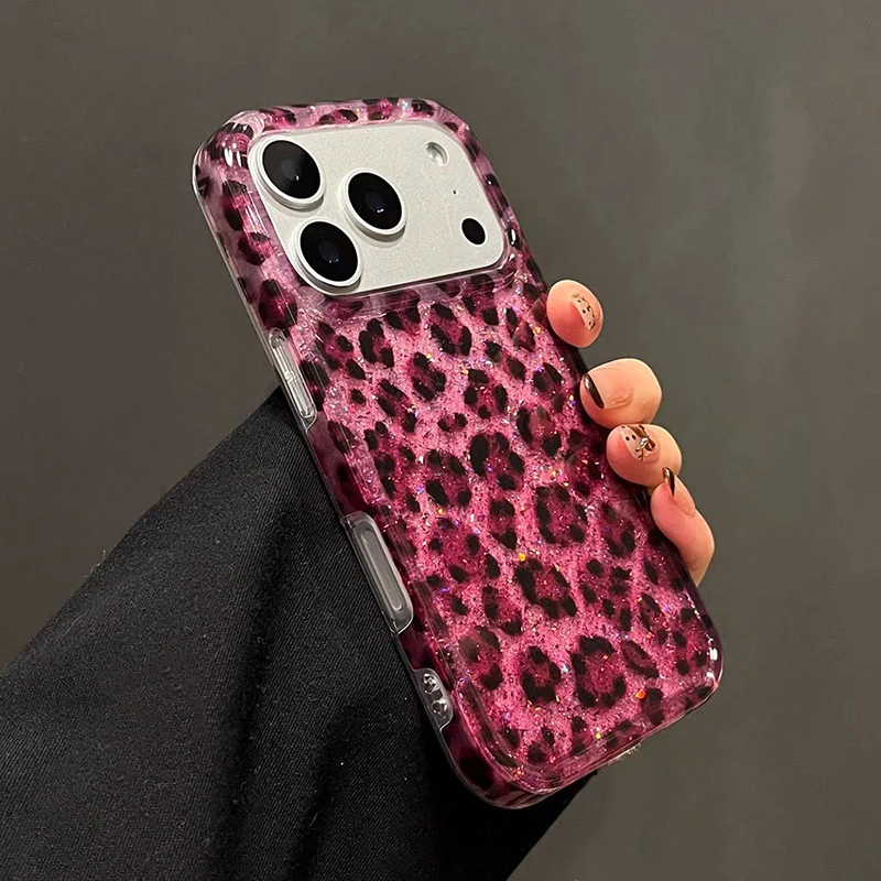 Ins Beliebte Glitzernde Rose Schwarze Leopardenmuster Hülle für iPhone 13 14 15 16 17 18 Pro Max Stoßfeste Harte IMD Rückseite – Detail 5
