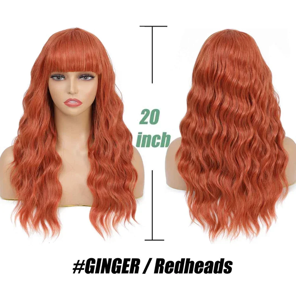 X-TRESS Synthetic Ginger Red Wavy Wig with Air Bangs 20 Inch Hair Wave Curly Cosplay Wig for Girls Gift Daily Use Colorful Wigs