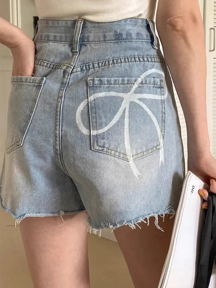 

Широкие джинсы с высокой талией в стиле ретро, женские летние модные шикарные джинсовые орты с потертостями и узлом для женщин