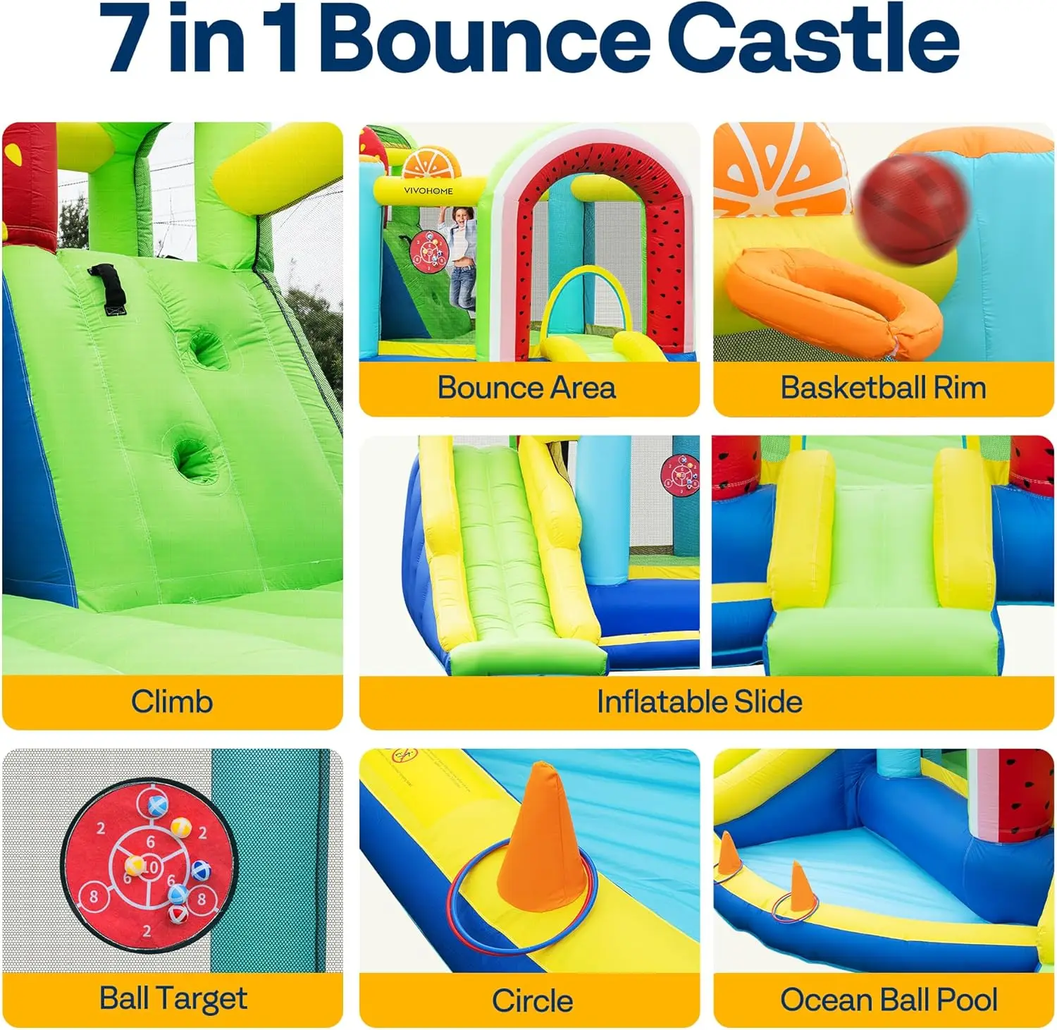 7 in 1 Bounce House for Kids, Fruit Theme Inflatable Bouncy Castle with Slide, 12x12 FT Inflated Bouncer for Outdoor with Blower