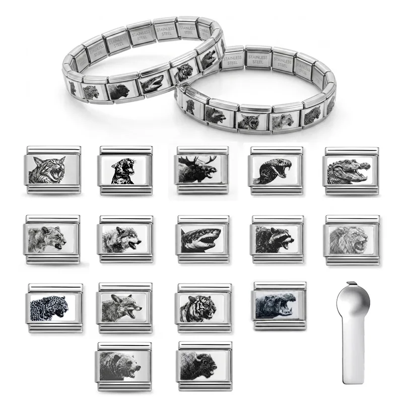 Punk Men Wild Beast 9mm Italian Stainless Steel Bracelet Charms Black White Animal Lion Tiger Wolf Bear DIY Jewelry Accessories