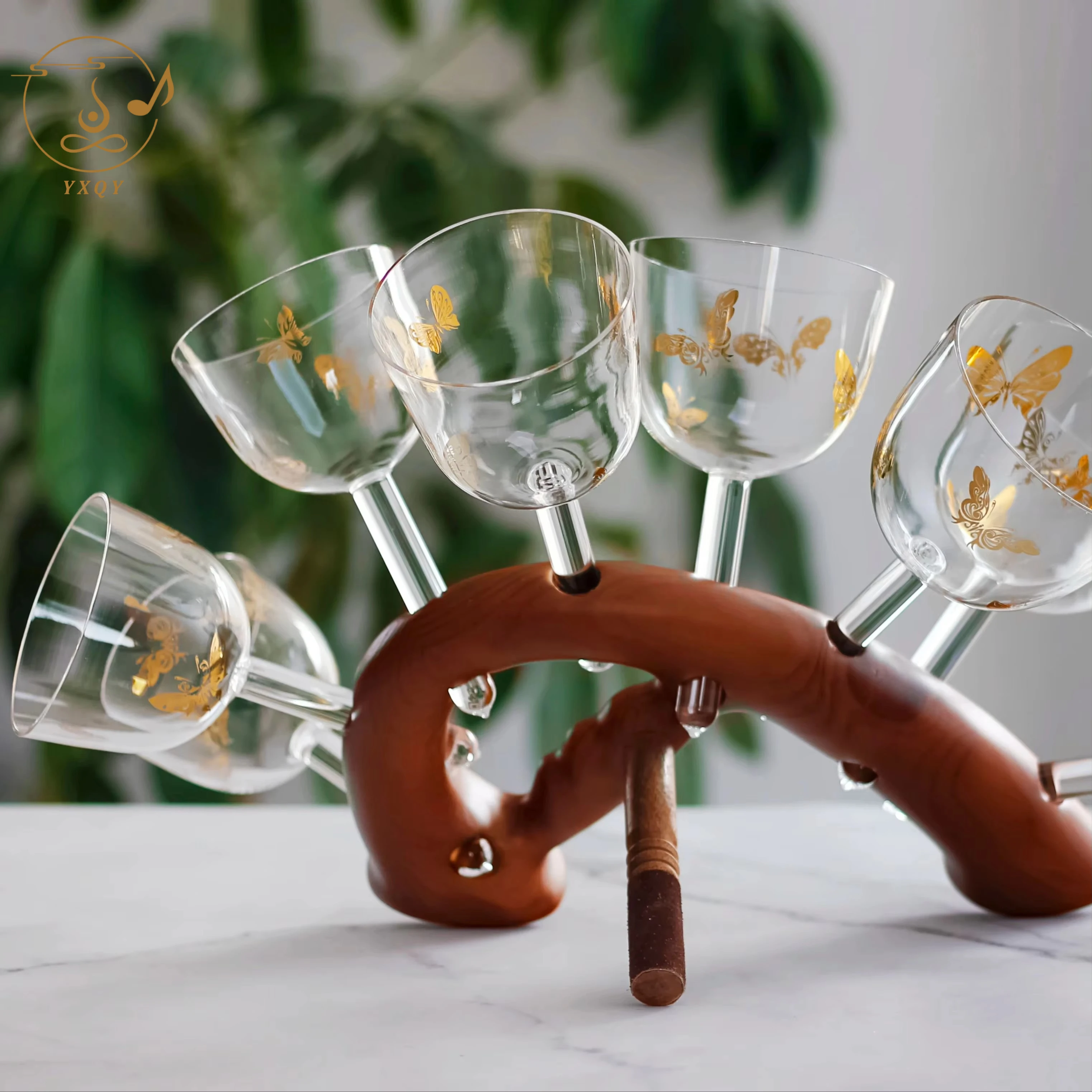 A Set Of Transparent gold-plated butterfly Crystal Singing Bowl Color Handmade 8 Tone YogaDecompression Percussion Instrument