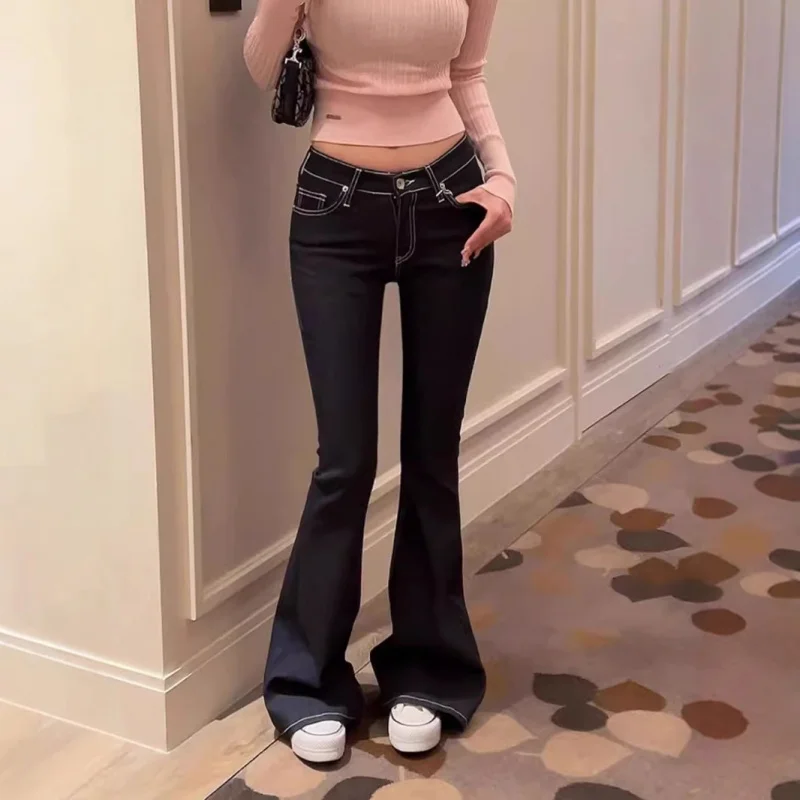 

Dark blue low-rise jeans with visible stitching for women, new autumn and winter style, stretchy, slimming, fashionable, slightl