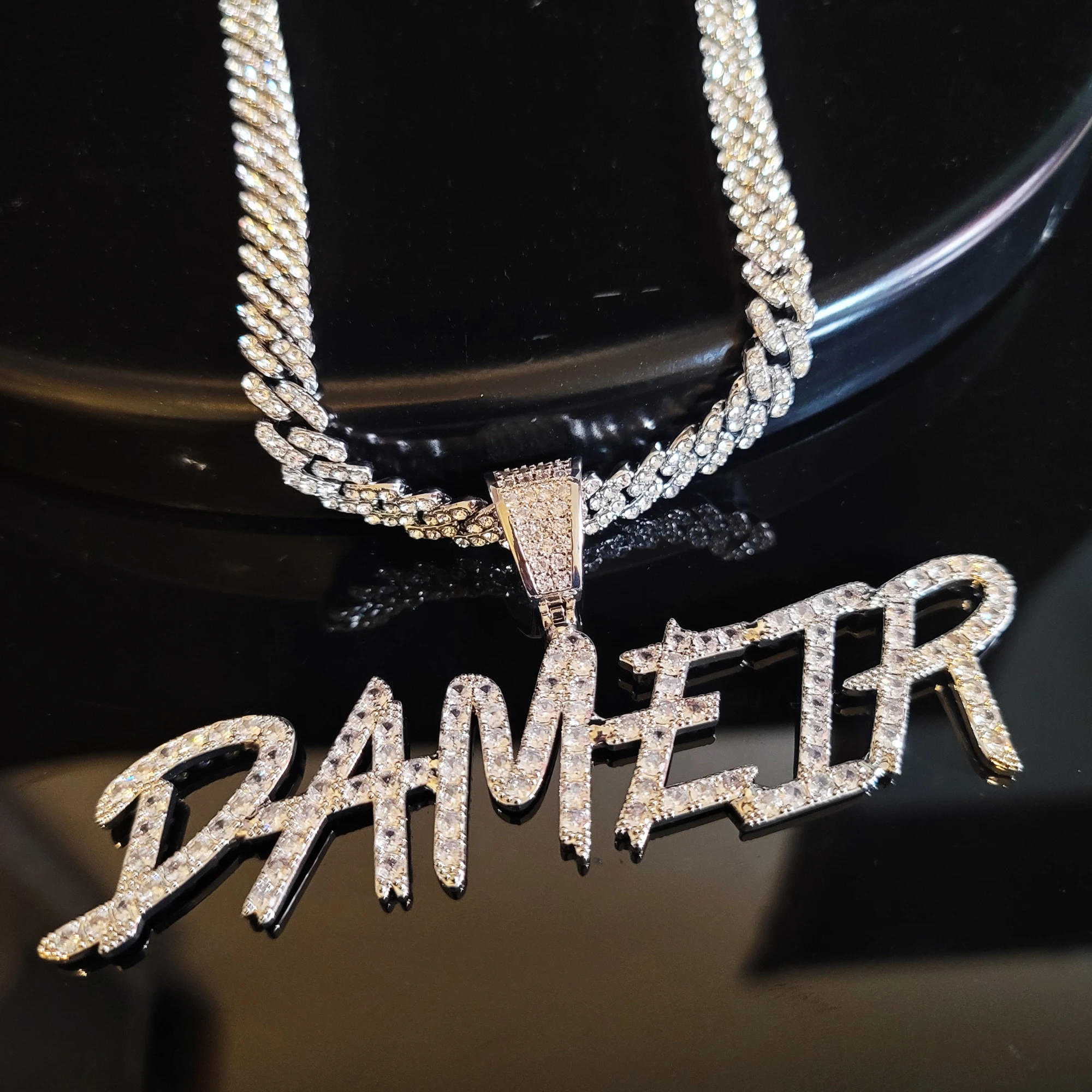 CUSTOMIZED Brush Font Letters Pendant with 9mm Cuban Chain Icy Zirconia Name Necklace Hip-Hop Jewelry Perfect Birthday Gifts