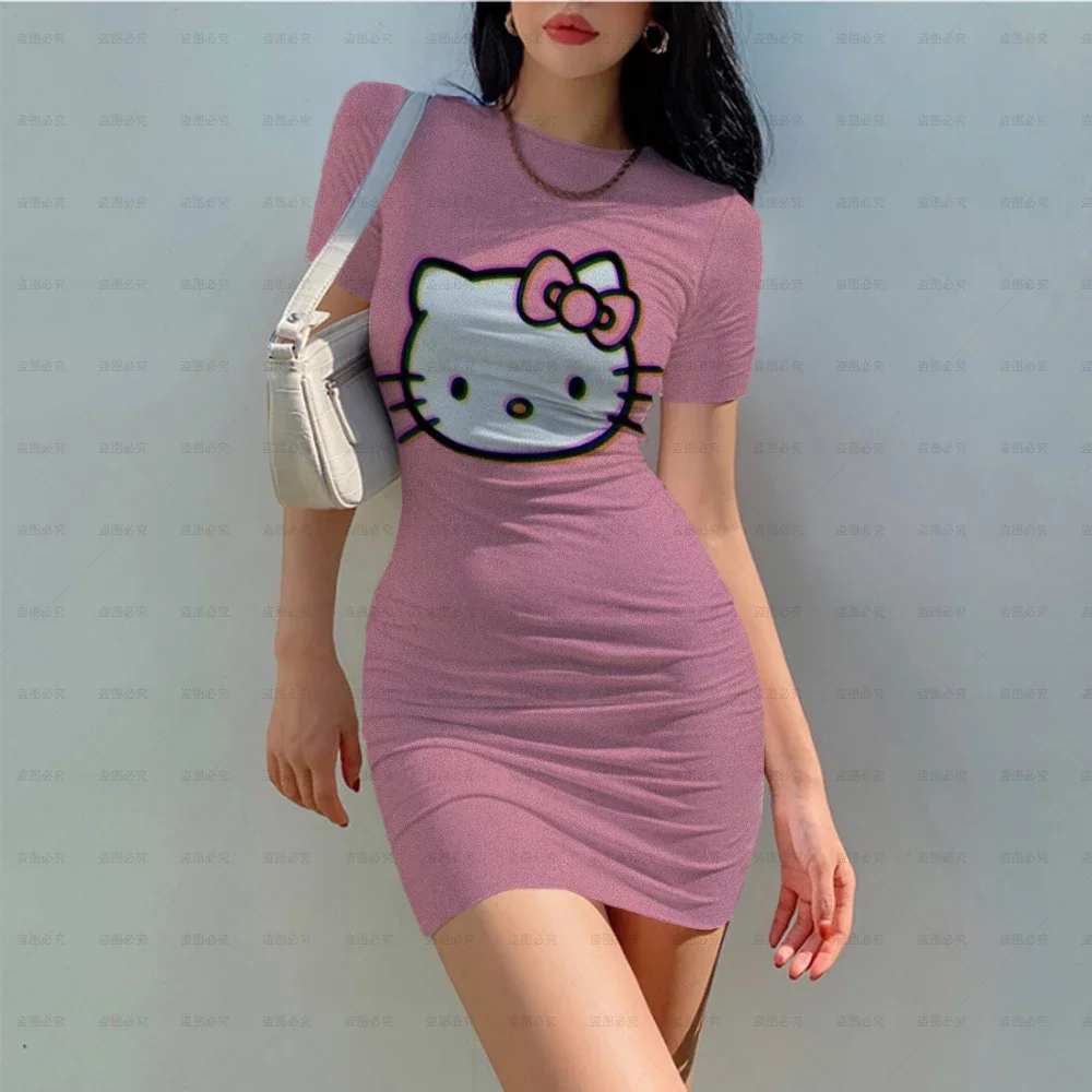 Hello Kitty 3d Bodycon Mini Jurken Voor Vrouwen Korte Mouw O-Hals Jurk Sexy Dames Nachtclub Dragen Slanke Jurken Mode Roze