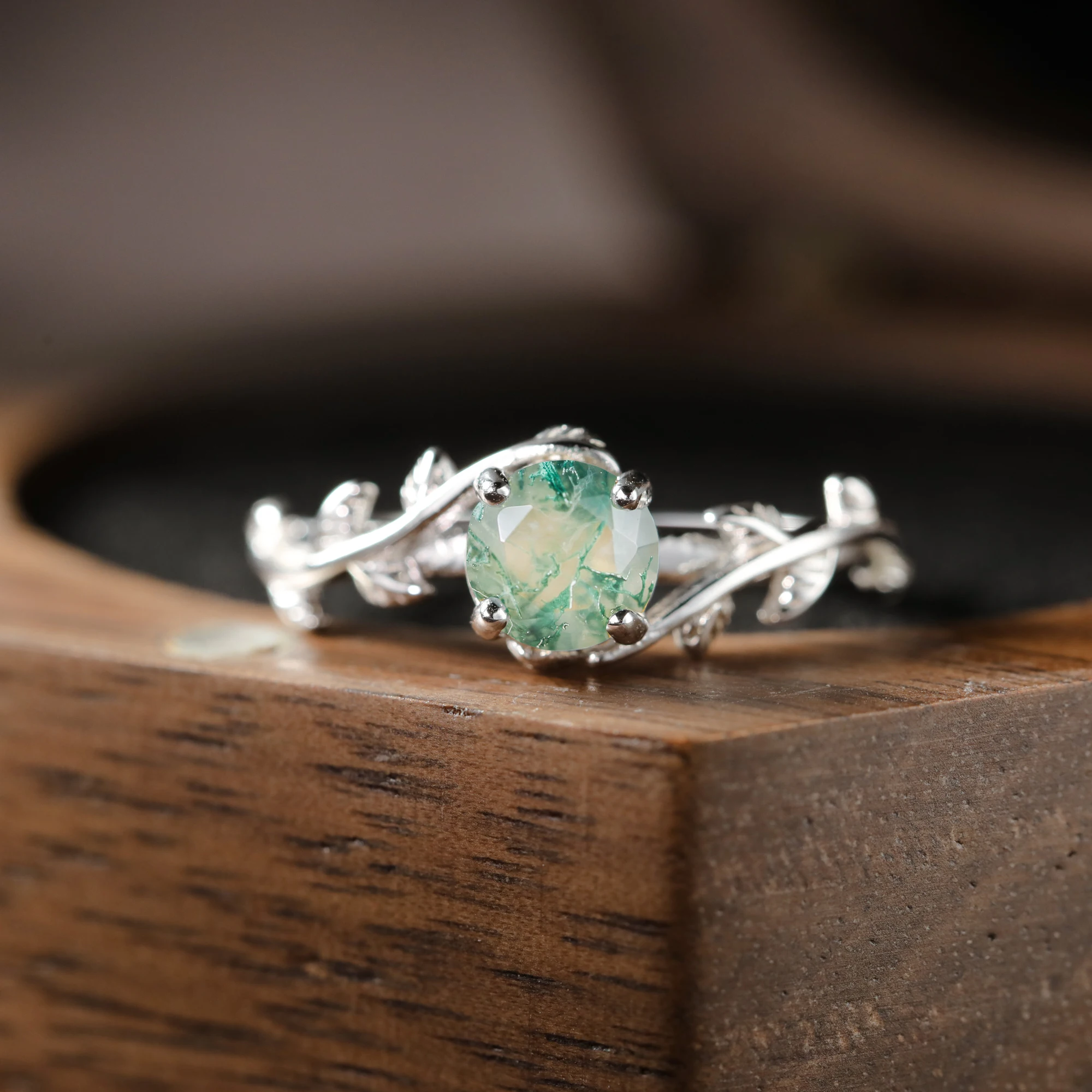 Art‑Deco Leaf‑Shaped Round Natural Moss Agate Engagement Ring for Women,925 Sterling Silver Band Fine Green Stone Jewelry,Anniversary Party Occasion,Holiday Gift Accessories